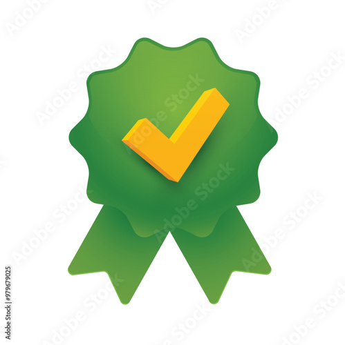 Green Ribbon Badge With Yellow Check Mark Signifying Achievement and Validation. Vector Illustration.	