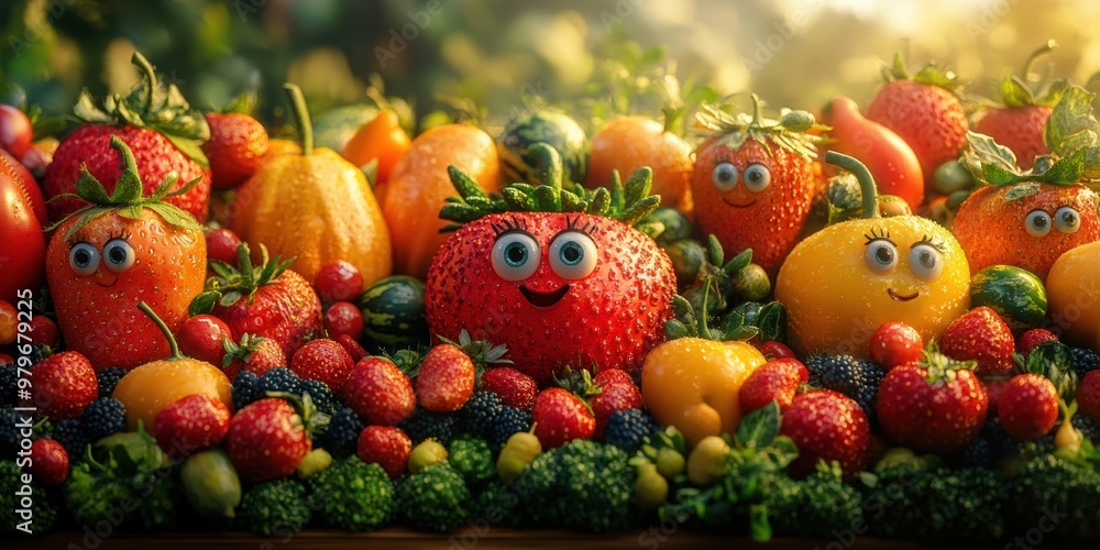 An imaginative city where vegetables and fruits have faces and personalities to match An imaginative city where vegetables and fruits have faces and personalities to match