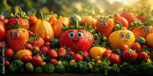 An imaginative city where vegetables and fruits have faces and personalities to match