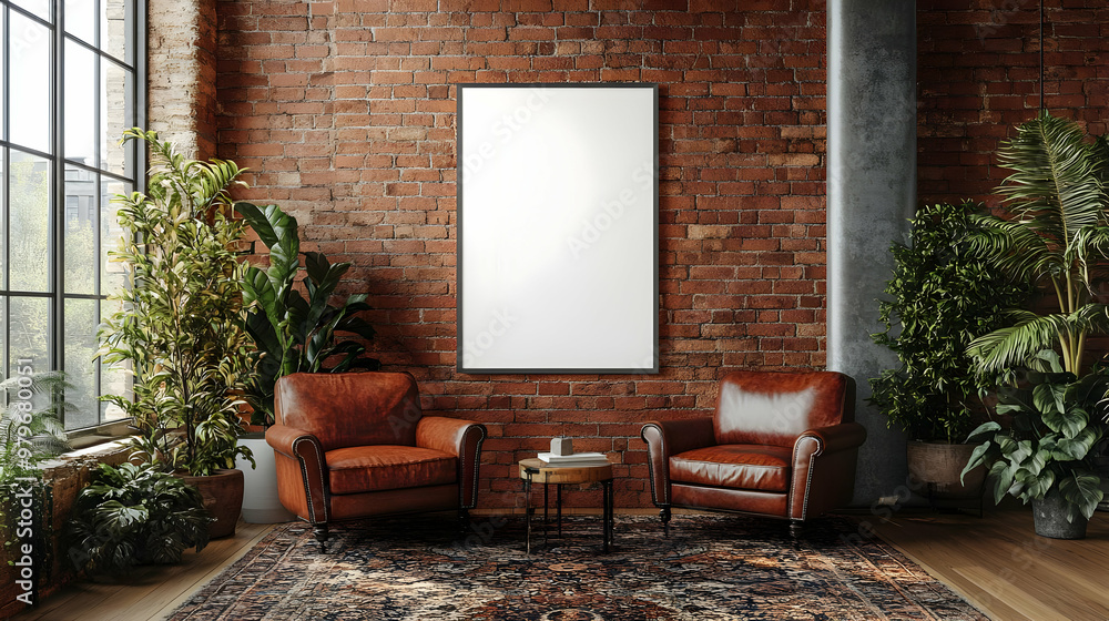 Fototapeta premium Cozy living room featuring leather chairs, a beautiful rug, and natural light from large windows, perfect for relaxation.