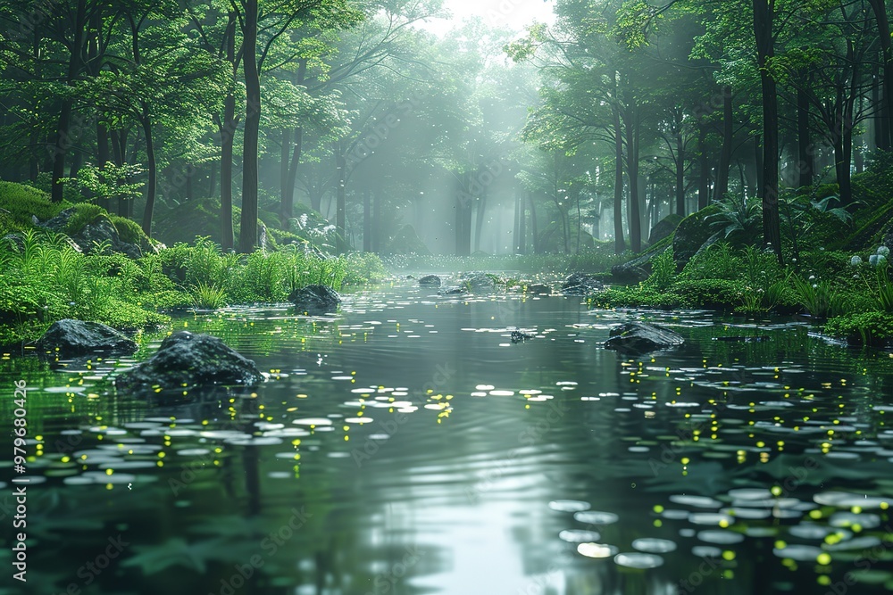 A forest with a river running through it A forest with a river running through it