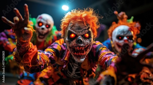 Three clowns with red hair and orange faces are posing for a picture