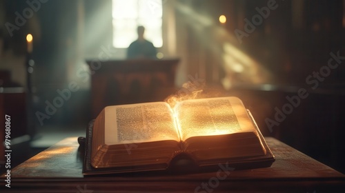 Bible on a pulpit with a preacher in the background, glowing light around the scripture, symbolizing divine message