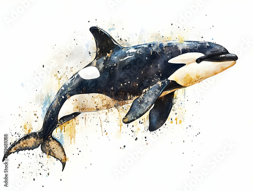 A vibrant watercolor illustration of an orca, showcasing its majestic form and natural beauty against a colorful backdrop. photo