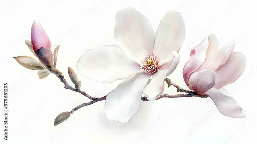 Obraz premium Delicate magnolia flowers on a branch, showcasing soft pink and white petals, perfect for springtime themes and nature designs.