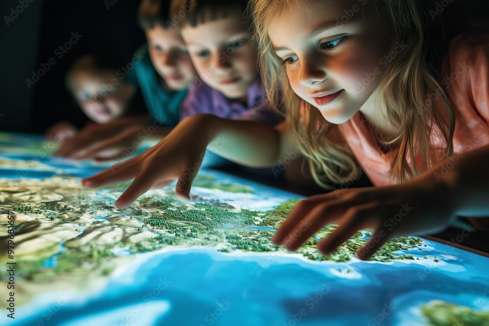 Fototapeta premium Curious children interacting with a digital touchscreen map, illustrating technology's role in education and geographic learning.