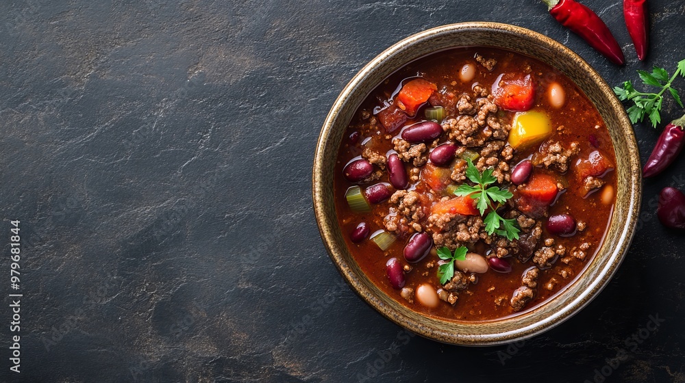 Tazón de chili con carne y frijoles rojos, servido sobre una superficie oscura, decorado con cilantro y trozos de chile picante. Tazón de chili con carne y frijoles rojos, servido sobre una superficie oscura, decorado con cilantro y trozos de chile picante.