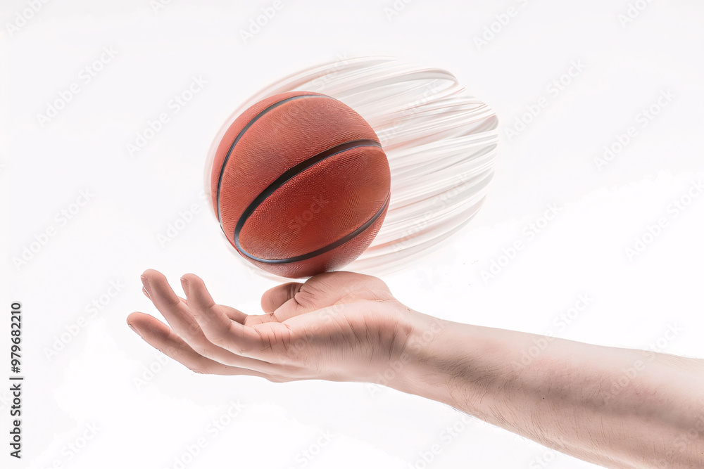 A basketball appears to be flying from a hand against a white background. Generative Ai
