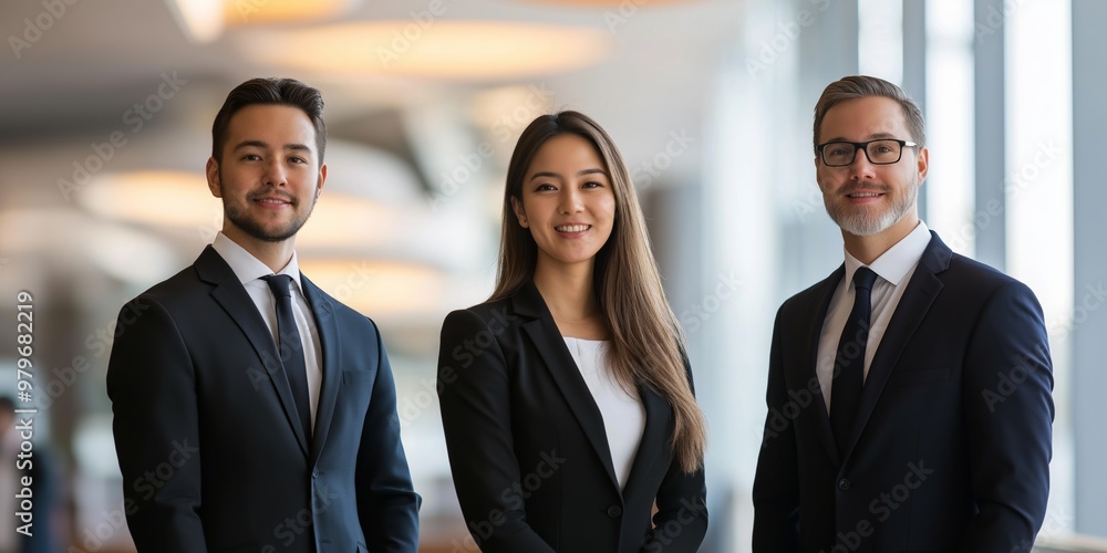 Three people in suits pose for a photo. The man on the left is smiling, while the woman in the middle is smiling and the man on the right is smiling. The photo is taken in a room with a window Three people in suits pose for a photo. The man on the left is smiling, while the woman in the middle is smiling and the man on the right is smiling. The photo is taken in a room with a window