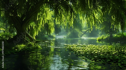 A lush green region with a lovely river made of intertwined willow leaves that falls pure water