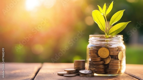 A jar filled with coins and a small plant, symbolizing growth, savings, and the fusion of nature with financial prosperity.