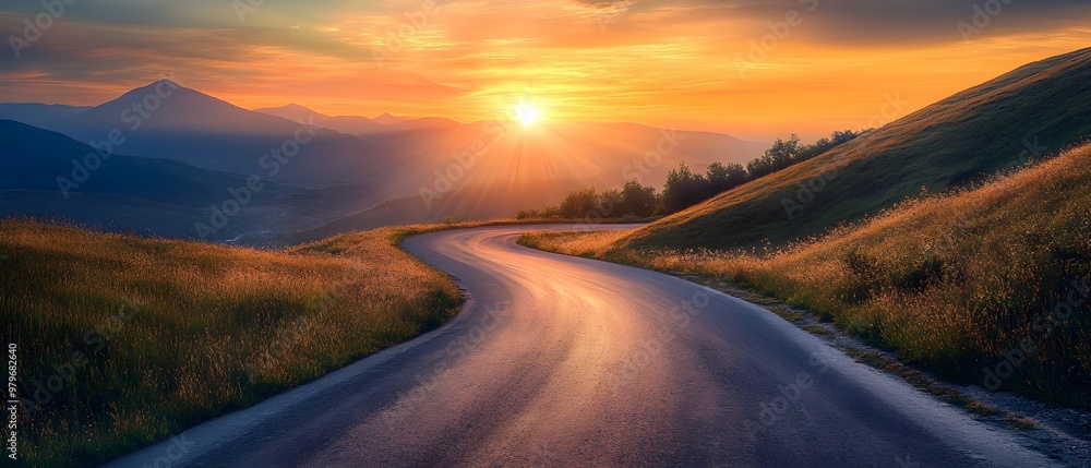 A serene winding road through grassy hills at sunset, with warm light illuminating the landscape and distant mountains. A serene winding road through grassy hills at sunset, with warm light illuminating the landscape and distant mountains.