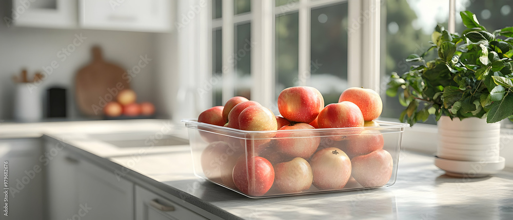 Fresh apples in a clear container on a kitchen counter, with sunlight streaming through the windows, enhancing the cozy atmosphere. Fresh apples in a clear container on a kitchen counter, with sunlight streaming through the windows, enhancing the cozy atmosphere.