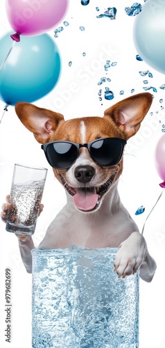 A dog enjoying a party in style, holding a glass of sparkling water and rocking sunglasses, with balloons floating all around. photo