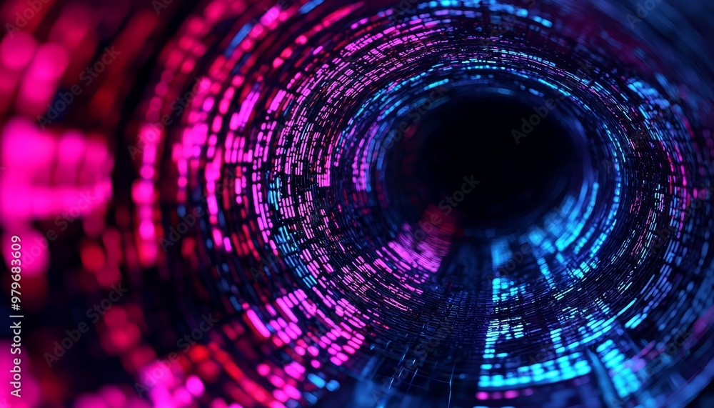 A glowing red and blue digital error glitch, stretching through a seemingly endless tunnel of binary data. A glowing red and blue digital error glitch, stretching through a seemingly endless tunnel of binary data.