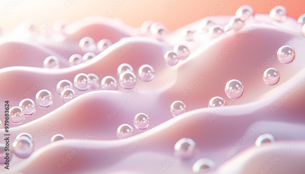 A glowing skin surface with pearl-like hydration spheres sinking into the dermal layer, representing the moisturizing effects of beauty products. A glowing skin surface with pearl-like hydration spheres sinking into the dermal layer, representing the moisturizing effects of beauty products.