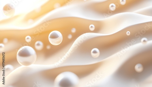 A glowing skin surface with pearl-like hydration spheres sinking into the dermal layer, representing the moisturizing effects of beauty products. photo