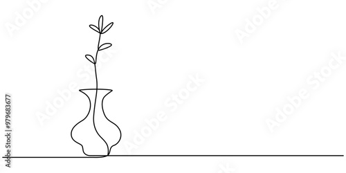 vase with flowers one line art style vector illustration, Detailed outline of a floral bouquet in a glass vase or jar. Hand drawn modern illustration. Paper cut, sticker, simple one line style. 