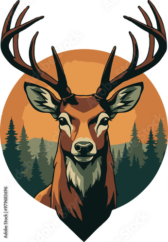 A deer head in the forest retro vector design for t-shirt