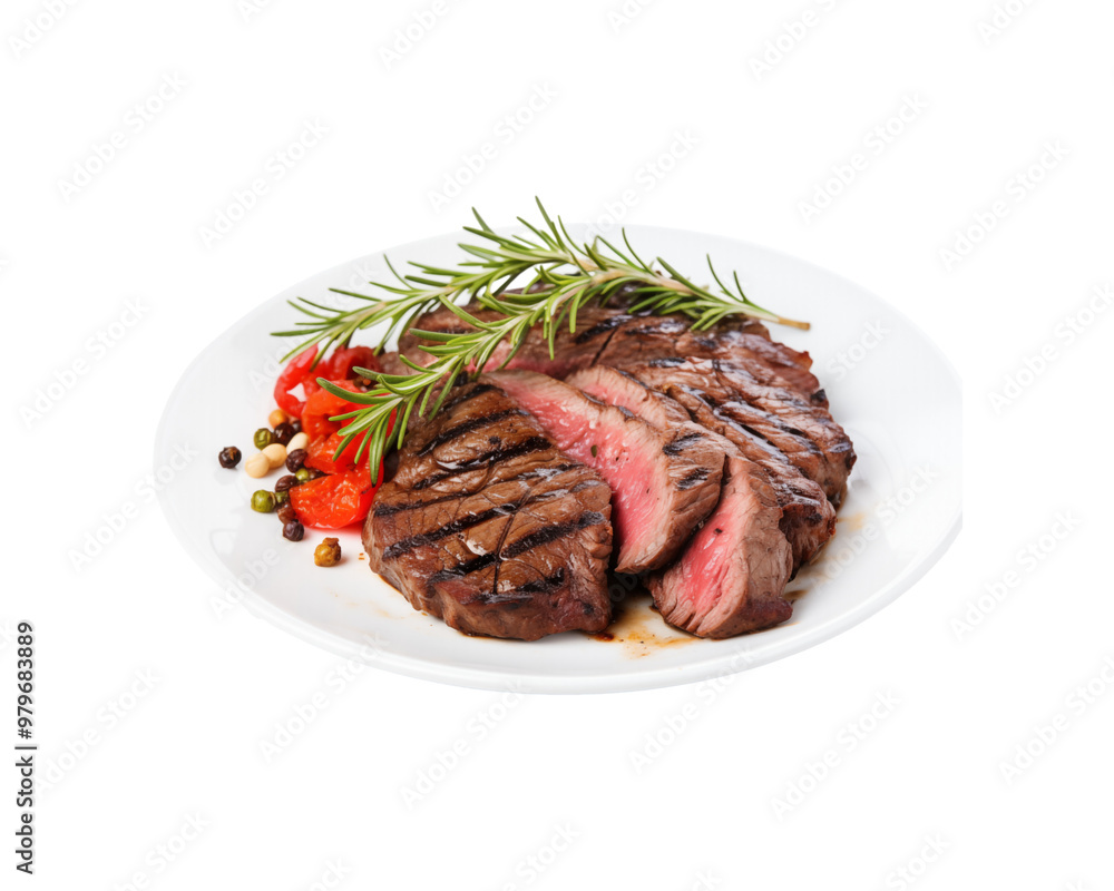 Sliced grilled steak on a white plate with rosemary and peppercorns. Perfect for food blogs, restaurant menus, and recipe books. Generative AI Sliced grilled steak on a white plate with rosemary and peppercorns. Perfect for food blogs, restaurant menus, and recipe books. Generative AI