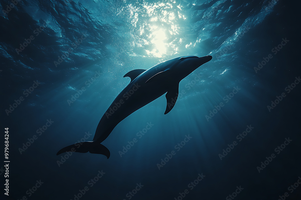 Obraz premium A dolphin swims gracefully in illuminated waters, showcasing marine beauty and tranquility.
