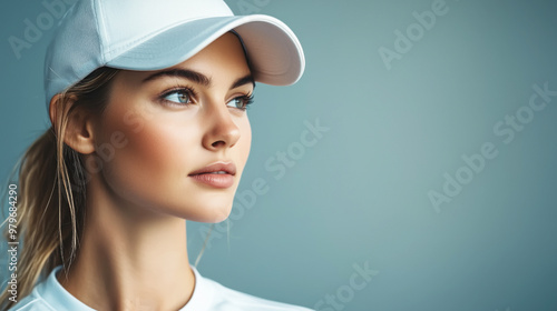 Retrato de una mujer rubia con una gorra blanca. Vestida con ropa deportiva elegante para practicar deporte de lujo.