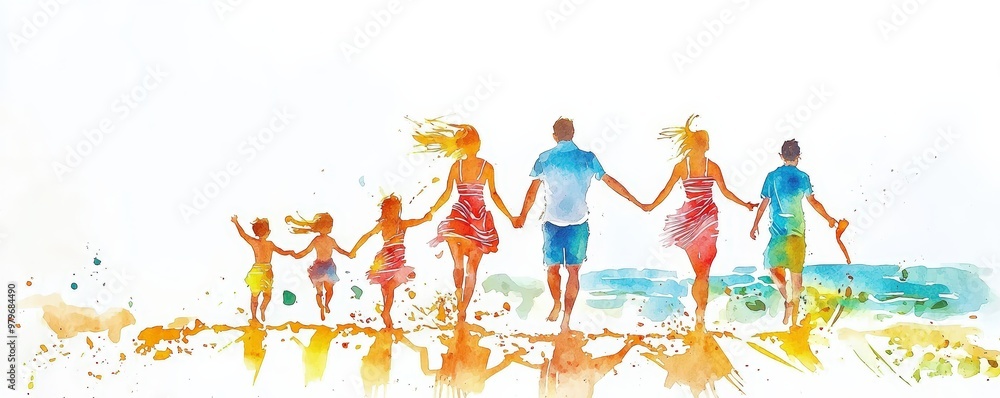 A joyful family walks together along the beach, embracing the sun and sea in a colorful watercolor art style. A joyful family walks together along the beach, embracing the sun and sea in a colorful watercolor art style.