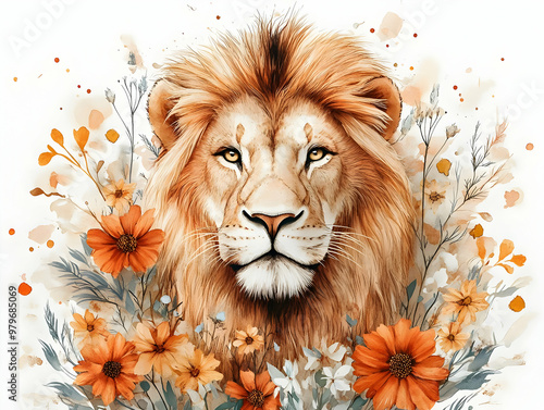 A majestic lion surrounded by vibrant flowers, symbolizing strength and beauty in nature, perfect for artistic and wildlife themes. photo