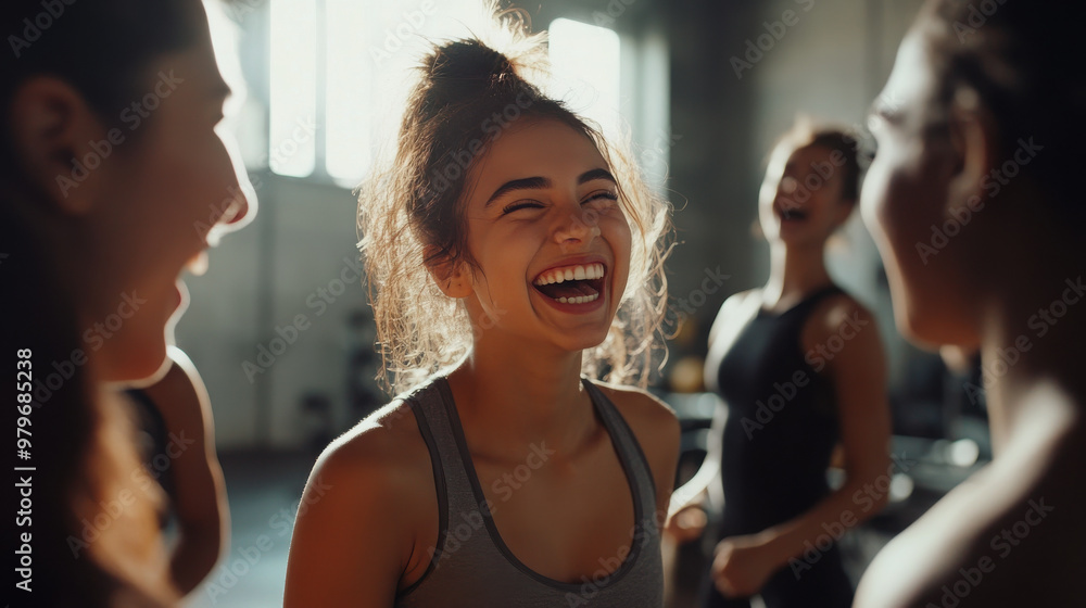 A group of young women laughing and enjoying each other's company in a gym setting.