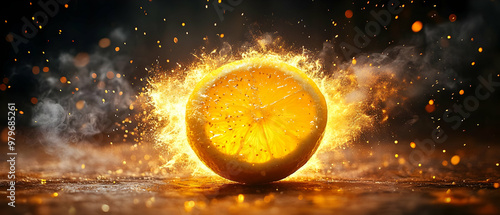 Vibrant orange fruit surrounded by flames, creating an energetic and dynamic visual perfect for artistic projects. photo