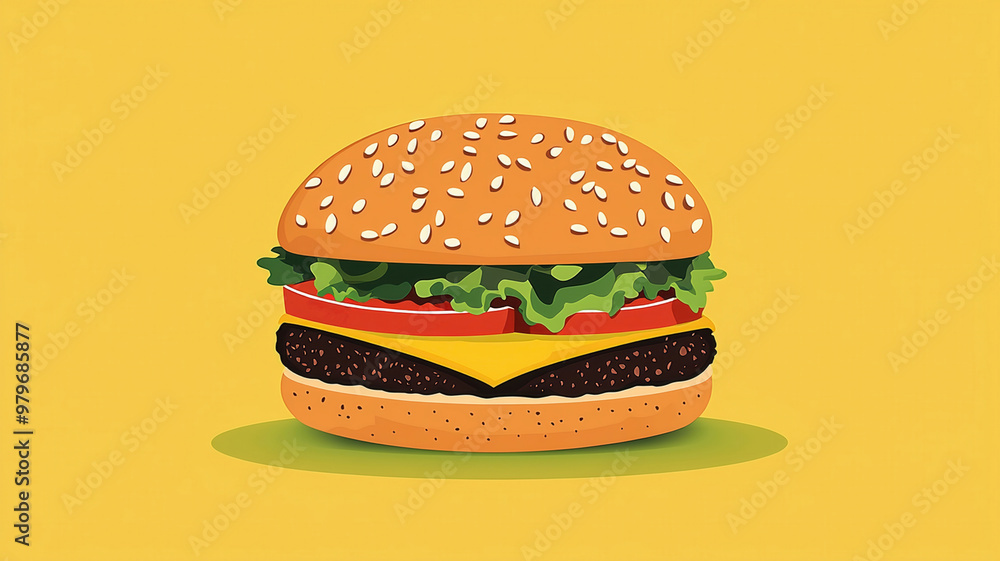 Delicious burger with sesame seed bun, cheese, lettuce, and fries, set against vibrant yellow background, evokes sense of hunger and joy Delicious burger with sesame seed bun, cheese, lettuce, and fries, set against vibrant yellow background, evokes sense of hunger and joy