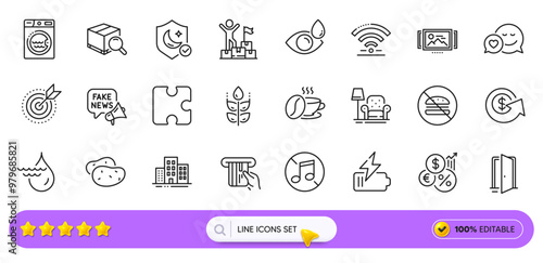 Target purpose, Potato and Fake news line icons for web app. Pack of Search package, Hydroelectricity, Puzzle pictogram icons. Credit card, Battery, Eye drops signs. No music, Coffee cup. Vector