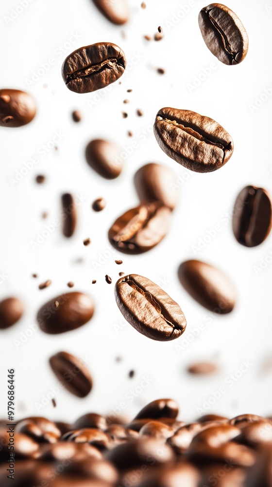 High-resolution close-up of coffee beans suspended in mid-air against a plain white backdrop, showcasing texture and motion. High-resolution close-up of coffee beans suspended in mid-air against a plain white backdrop, showcasing texture and motion.