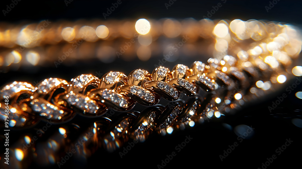 Close-up of a luxurious gold necklace with sparkling diamonds, showcasing intricate design and elegance against a dark background. Close-up of a luxurious gold necklace with sparkling diamonds, showcasing intricate design and elegance against a dark background.