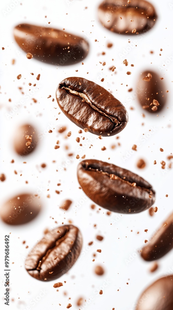 Close-up view of coffee beans and coffee grounds suspended mid-air against a white background, creating a dynamic scene. Close-up view of coffee beans and coffee grounds suspended mid-air against a white background, creating a dynamic scene.