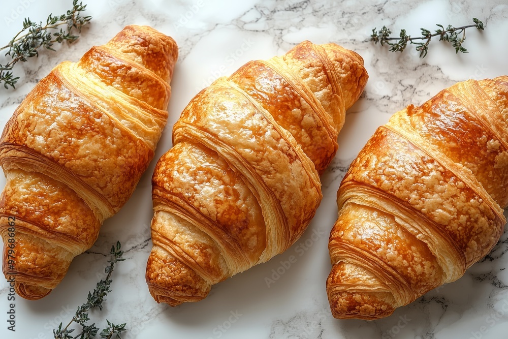 Top view of three delicious, golden-brown croissants on a marble surface, garnished with fresh thyme sprigs. Top view of three delicious, golden-brown croissants on a marble surface, garnished with fresh thyme sprigs.