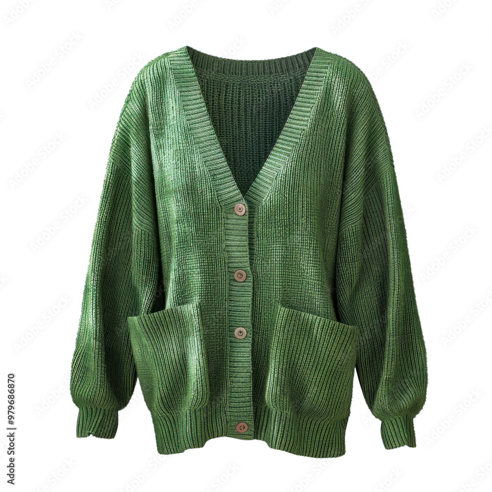 Fototapeta premium Green wool knit cardigan with buttons and pockets isolated on white background, perfect for showcasing your designs