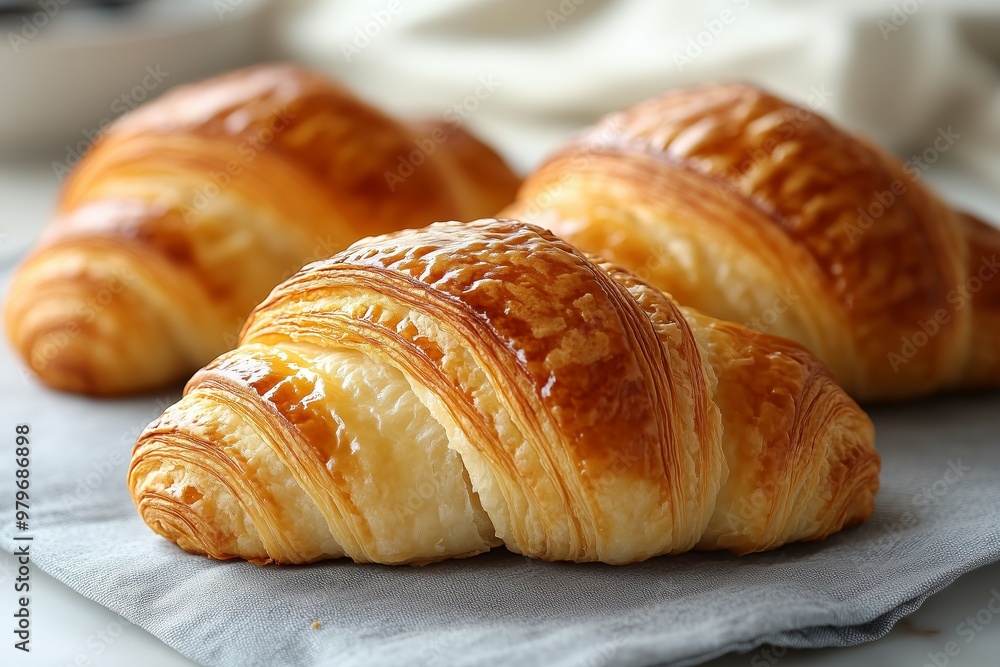 Golden brown croissants on a linen napkin, showcasing their flaky and crispy texture, ideal for breakfast or bakery promotions. Golden brown croissants on a linen napkin, showcasing their flaky and crispy texture, ideal for breakfast or bakery promotions.