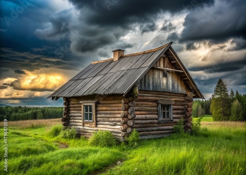 Weathered wooden log cabin stands as a relic of Russia's traditional rural heritage, surrounded by overgrown grass and set against a somber gray sky backdrop.