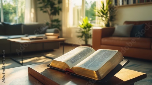 Bible placed in the center of a modern living room, symbolizing faith in everyday life