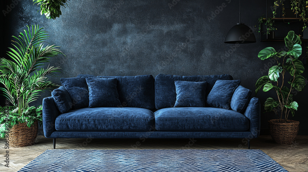A plush blue velvet sofa sits in a modern living room with plants. A plush blue velvet sofa sits in a modern living room with plants.