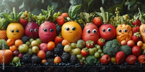 An imaginative cityscape where produce has faces and personalities that bring it to life