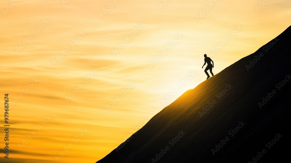 A person climbs a steep hill silhouetted against a stunning sunset, creating a dramatic contrast of light and shadow. A person climbs a steep hill silhouetted against a stunning sunset, creating a dramatic contrast of light and shadow.