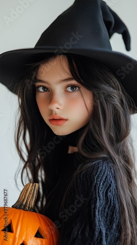 A young girl dressed as a witch, holding a carved Halloween pumpkin, captures the spirit of Halloween celebrations.