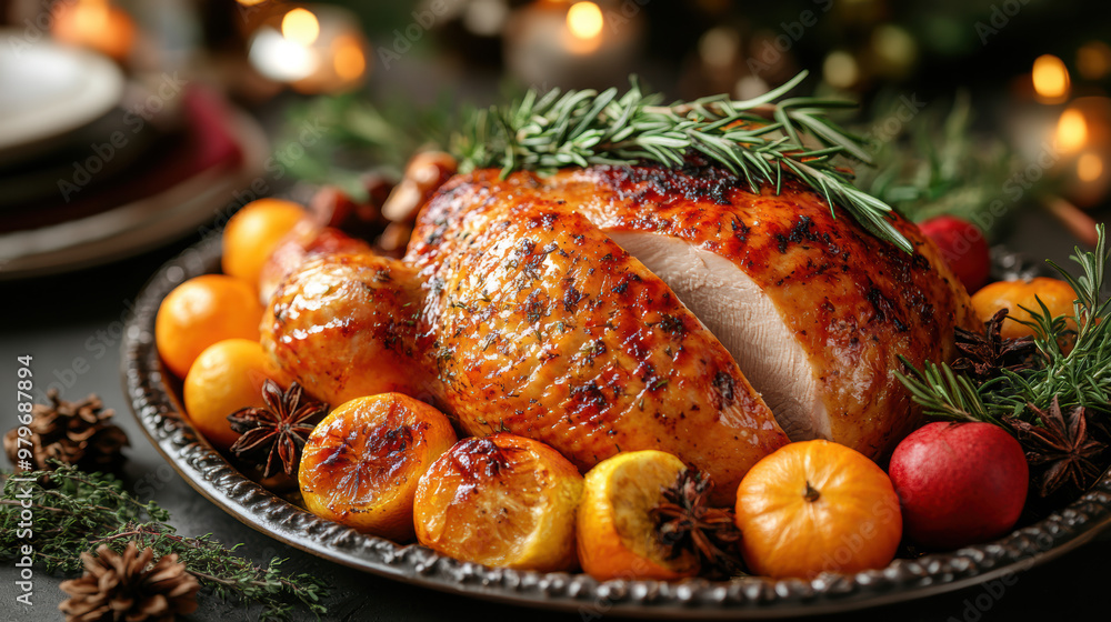 Succulent roasted turkey garnished with herbs and citrus, perfect for holiday celebrations and family gatherings. Succulent roasted turkey garnished with herbs and citrus, perfect for holiday celebrations and family gatherings.