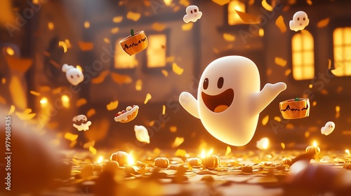 A playful ghost hosting a Halloween party in an abandoned house, with spooky snacks and eerie decorations floating in the air photo