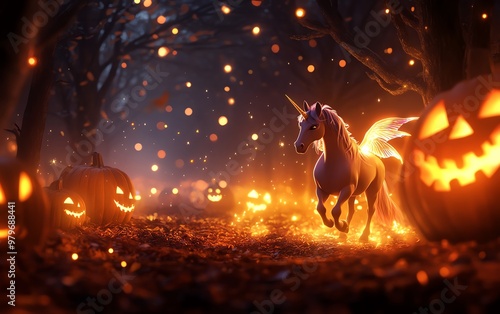 A mystical unicorn with fairy wings galloping through a haunted forest, glowing pumpkins and eerie Halloween decorations lighting the path