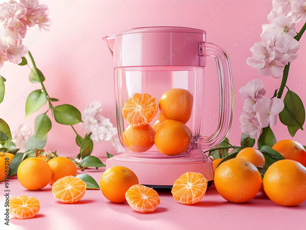 Bright pink blender surrounded by fresh oranges and flowers, perfect for juice preparation or vibrant kitchen decor. Bright pink blender surrounded by fresh oranges and flowers, perfect for juice preparation or vibrant kitchen decor.