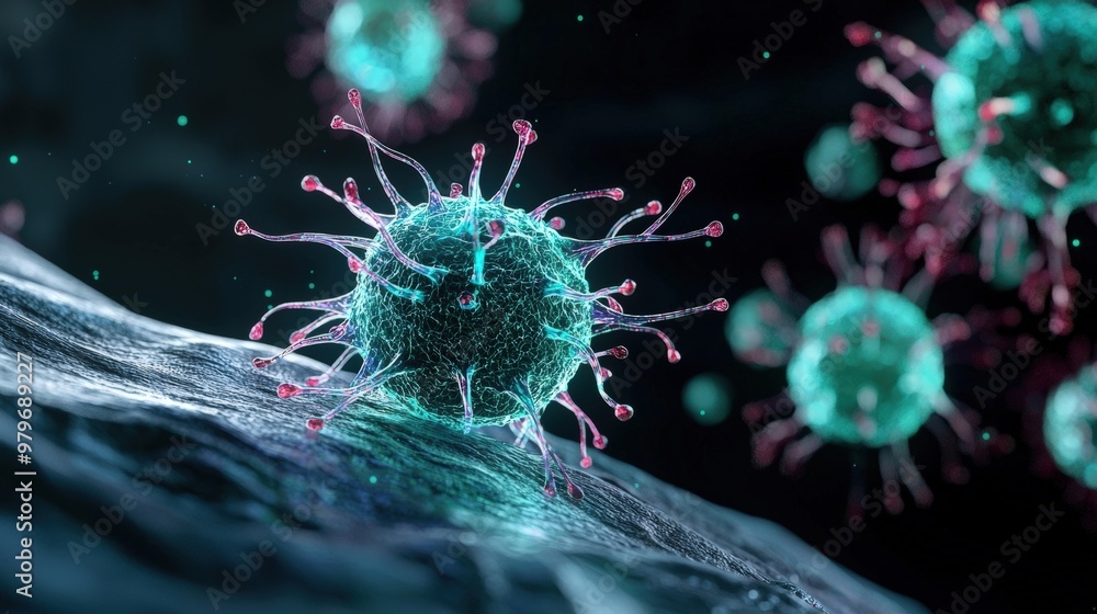 Obraz premium Detailed representation of a virus, showcasing its structure and components in a colorful, scientific illustration.
