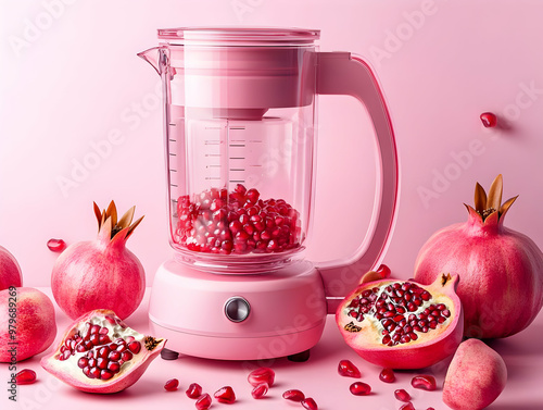 A stylish pink blender surrounded by fresh pomegranates and seeds, perfect for showcasing kitchen modernity and healthy ingredients. photo